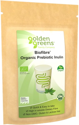 Photograph of a packet of Golden Greens Biofibre Organic Prebiotic Agave Inulin Powder