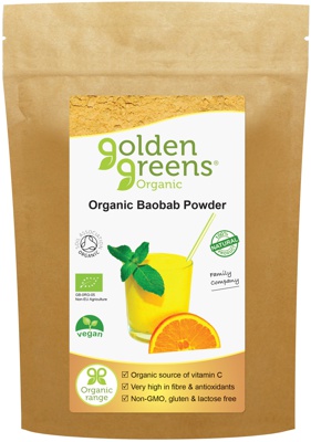 packet of Golden Greens Organic Baobab powder 200g.