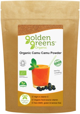 packet of golden greens organic Camu Camu powder 40g and 100g.