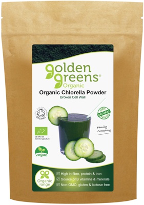 packet of golden greens organic Broken Cell Wall Chlorella powder, 100g and 200g.