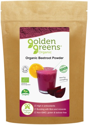 Packet of 100% pure golden greens organic beetroot powder