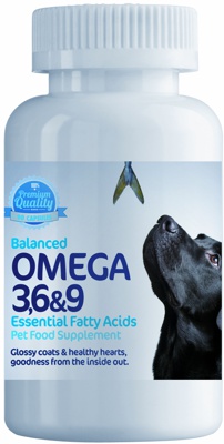 Photograph of a tub of omega 369 capsules for dogs and cats