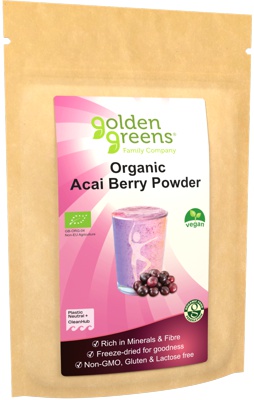 Photo of a 50g packet of Golden Greens Organic Acai Berry powder