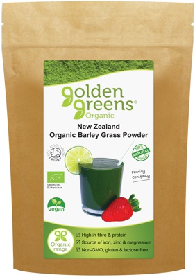packet of Golden Greens Organic Barley Grass powder, 100g and 200g.