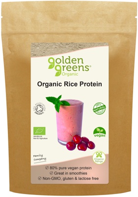 packet of golden greens organic wholegrain rice protein powder 250g