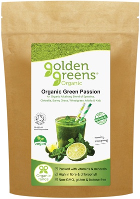 packet of golden greens organic Green Passion powder, 100g and 200g