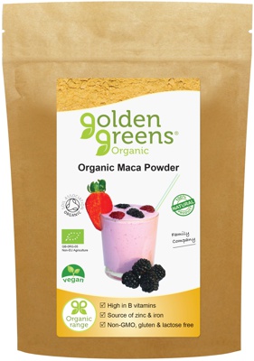 packet of golden greens organic Maca powder, 100g and 200g