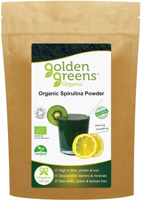 packet of golden greens organic Spirulina powder, 100g and 200g.