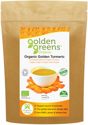 packet of golden greens organic golden turmeric powder, 100g and 200g