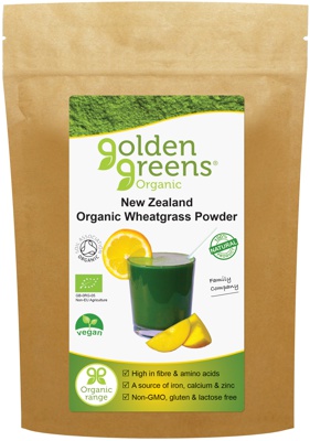 packet of golden greens organic Wheatgrass powder, 100g and 200g.