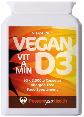Picture of tub of Vitamin D3, suitable for vegans, vegetarians, halal and kosher